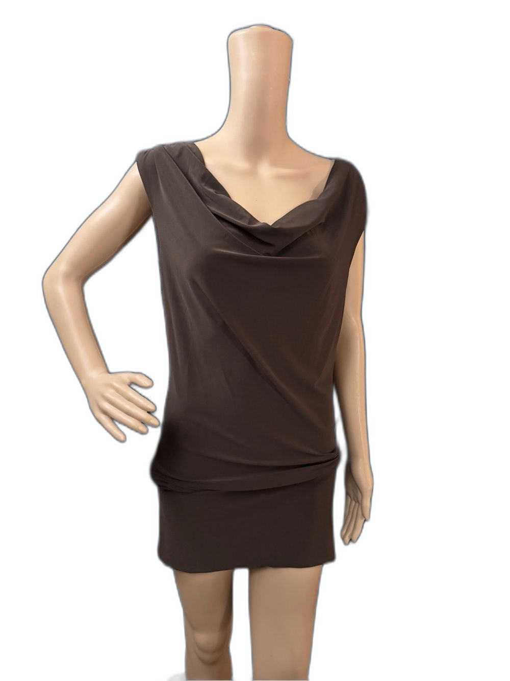 Frederick’s of Hollywood Y2K Club Dress Brown Lace Back Cowl Neck Mini Women M